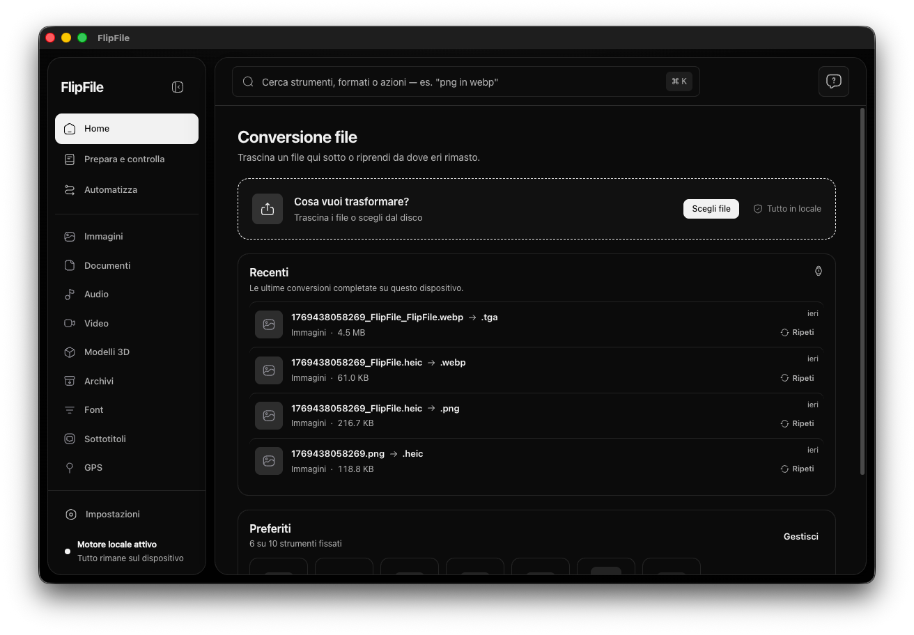 Interfaccia principale dell’app desktop FlipFile: conversione dei file, attività recenti e strumenti preferiti